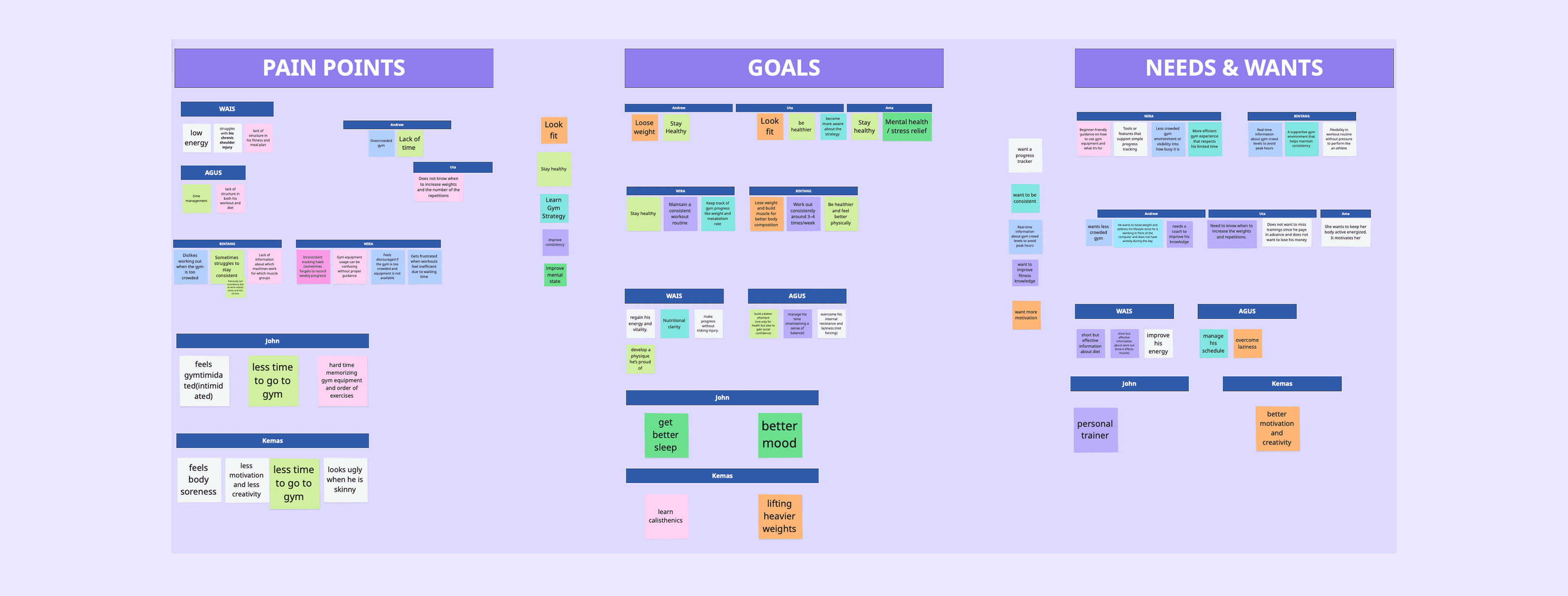 Pain points, goals, and needs affinity map